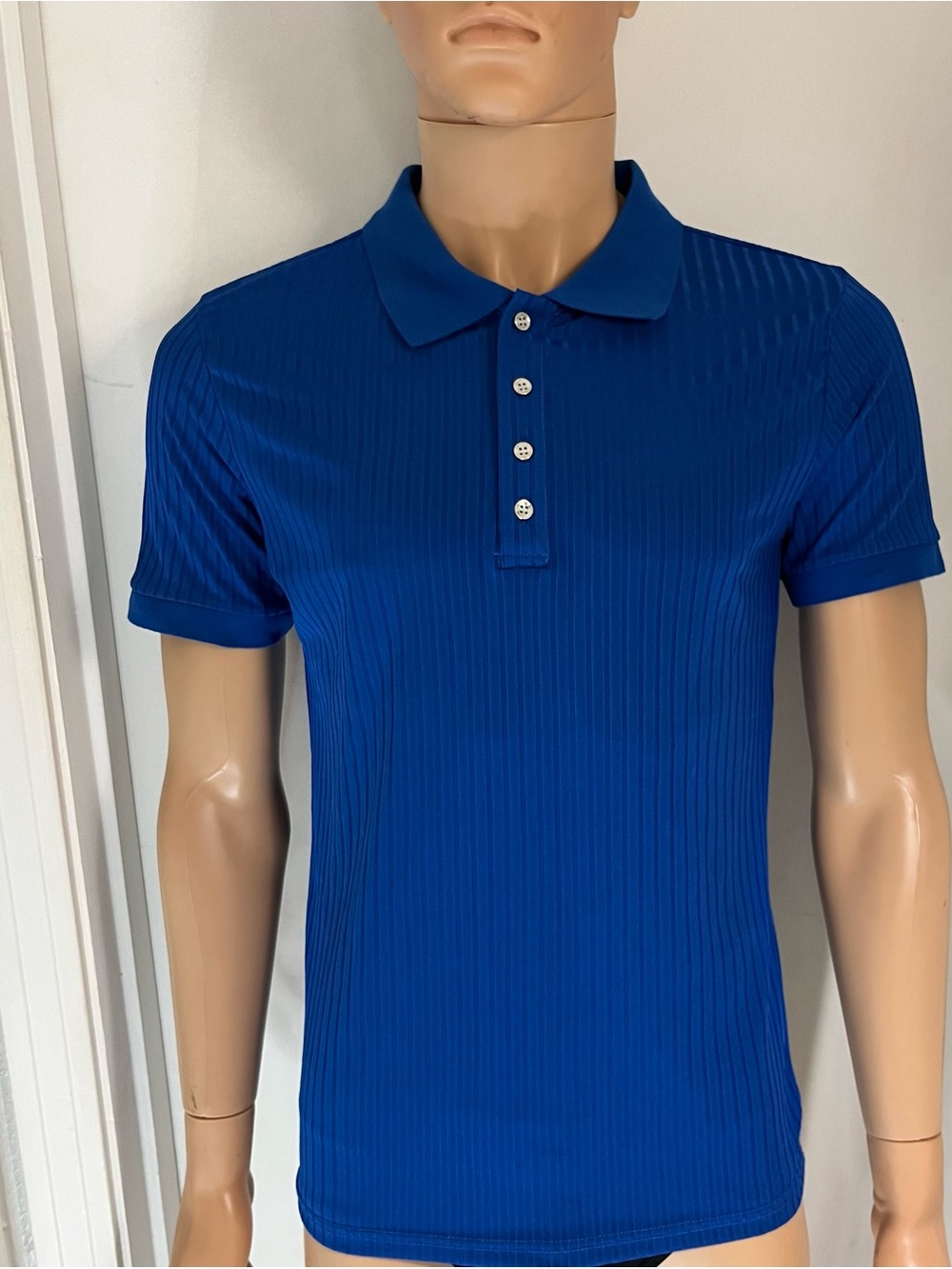 Men's Blue Ribbed Polo Shirt - Classic Short Sleeve